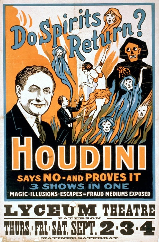 Locandina di uno spettacolo di Houdini dedicato a smascherare i medium